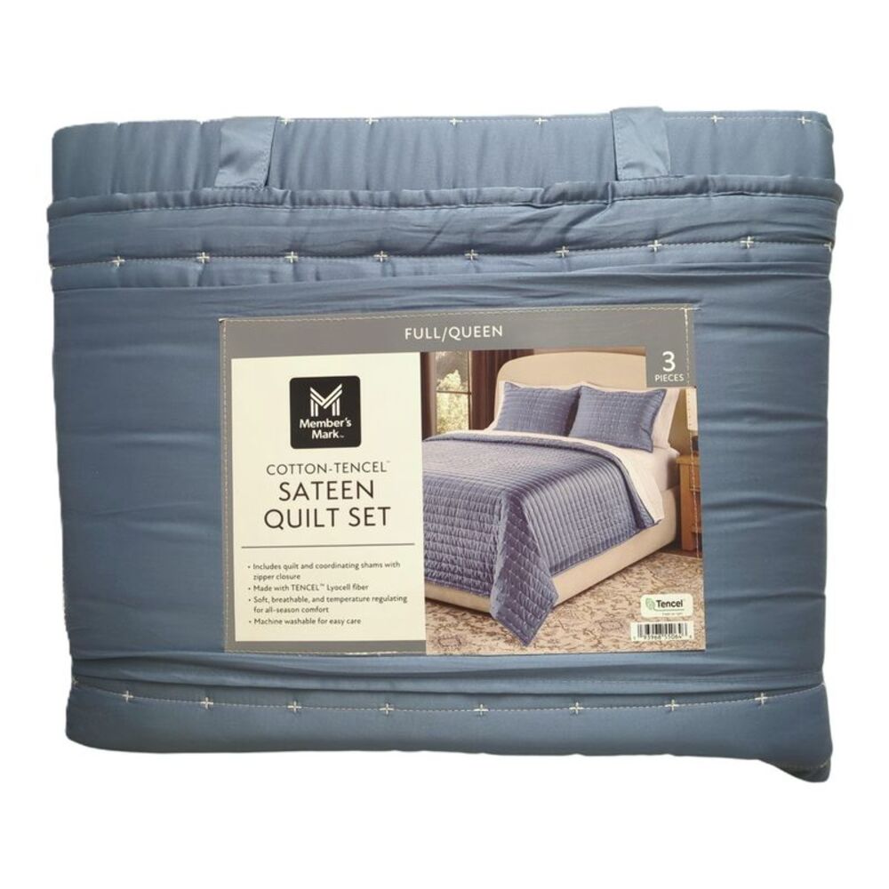 Member’s Mark 3-Piece Cotton-Tencel Sateen Quilt Set, Full/Queen - Blue